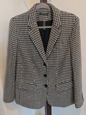 Ralph Lauren Linen Blend Black and White Houndstooth Blazer, Size 14W